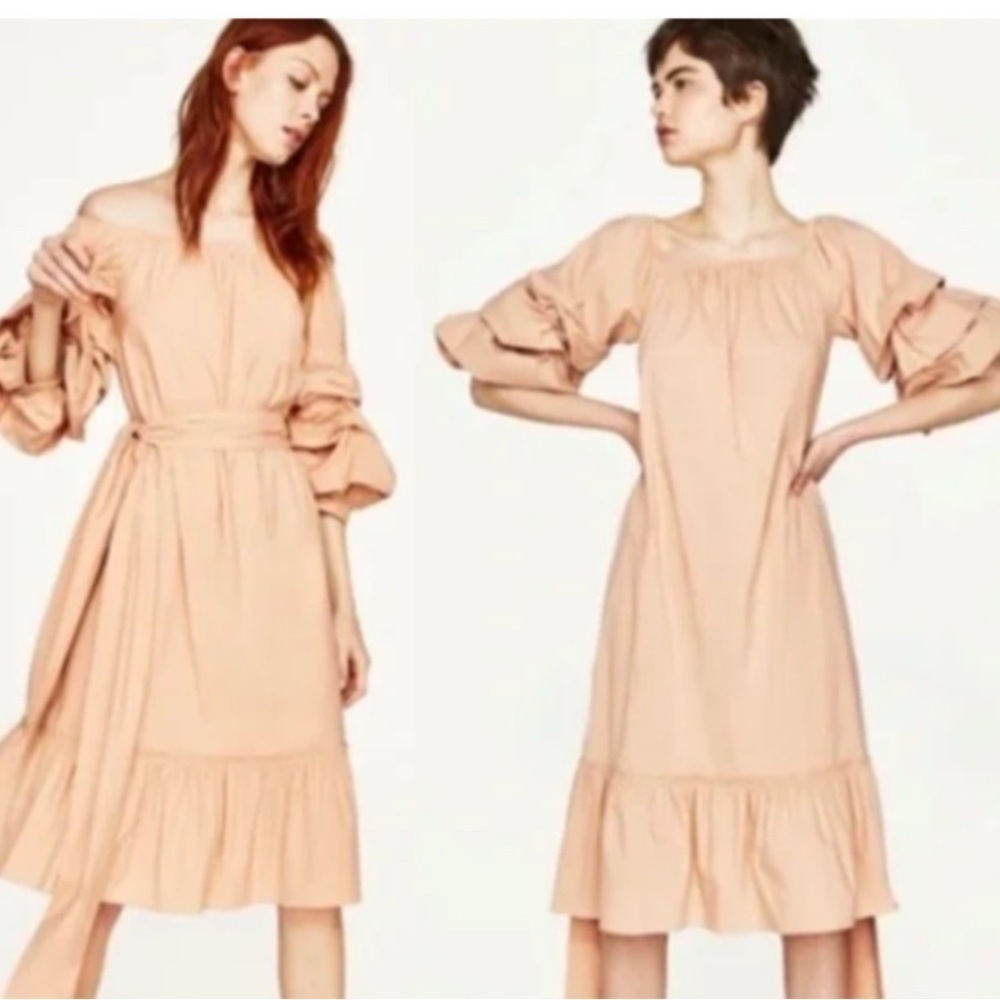 Zara Woman Off The Shoulder Dress XS Nude Blush Poplin Sleeve Belted EUC!
